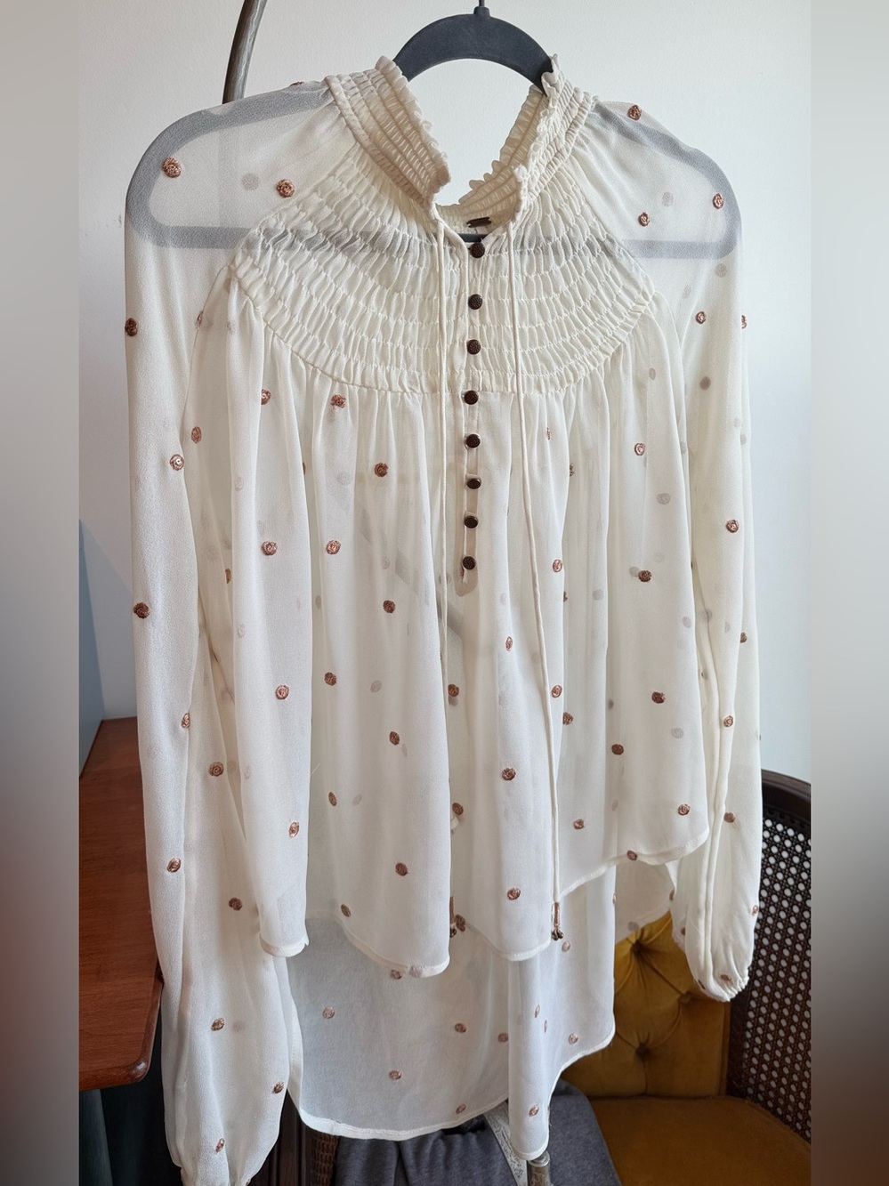 Free People Ready To Run Dot Smocked Georgette Top Blouse Cream Sheer Sz S